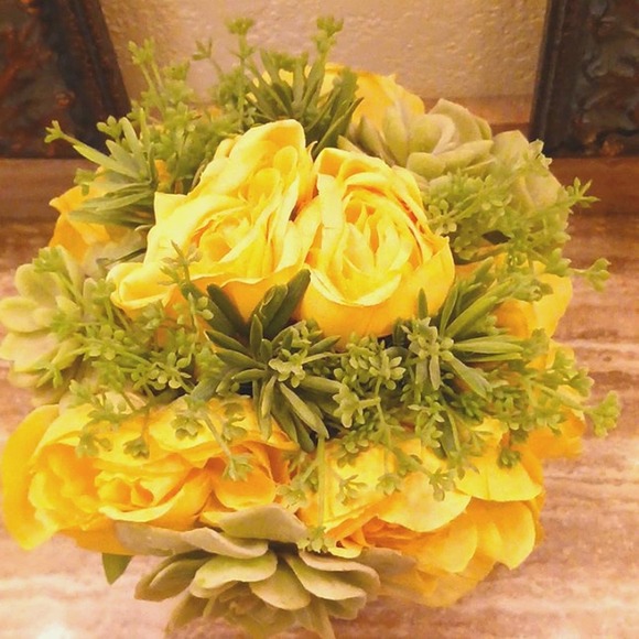 Luxury Home Decor Silk Roses & Aeoniums in White Base Floral Arrangement - Picture 3 of 14